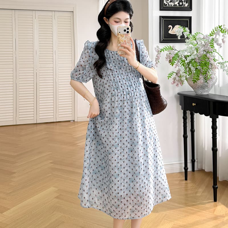 실사 지금 지금 2026 새로운 임산부 여름 드레스 임산부 도트 무늬 장기 Pleat 슬림해 보이는 프릴 드레스 이미지 5