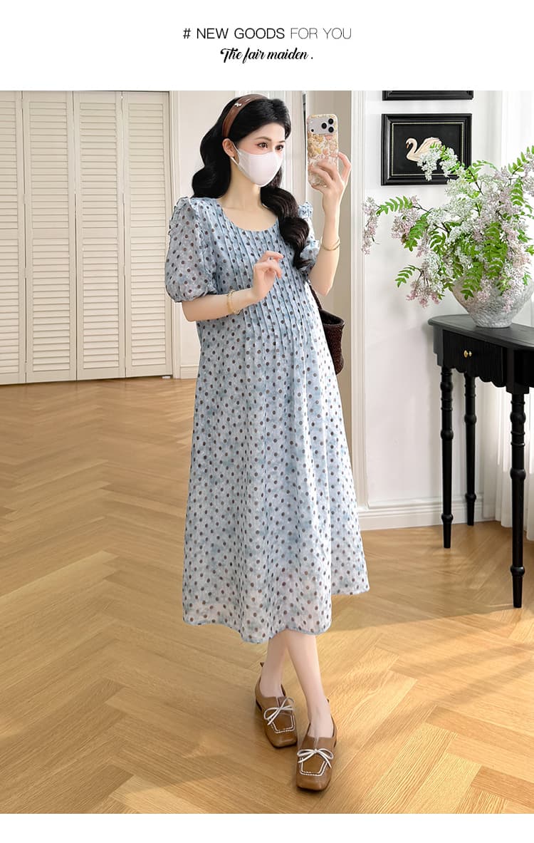 실사 지금 지금 2026 새로운 임산부 여름 드레스 임산부 도트 무늬 장기 Pleat 슬림해 보이는 프릴 드레스 상세 이미지 10