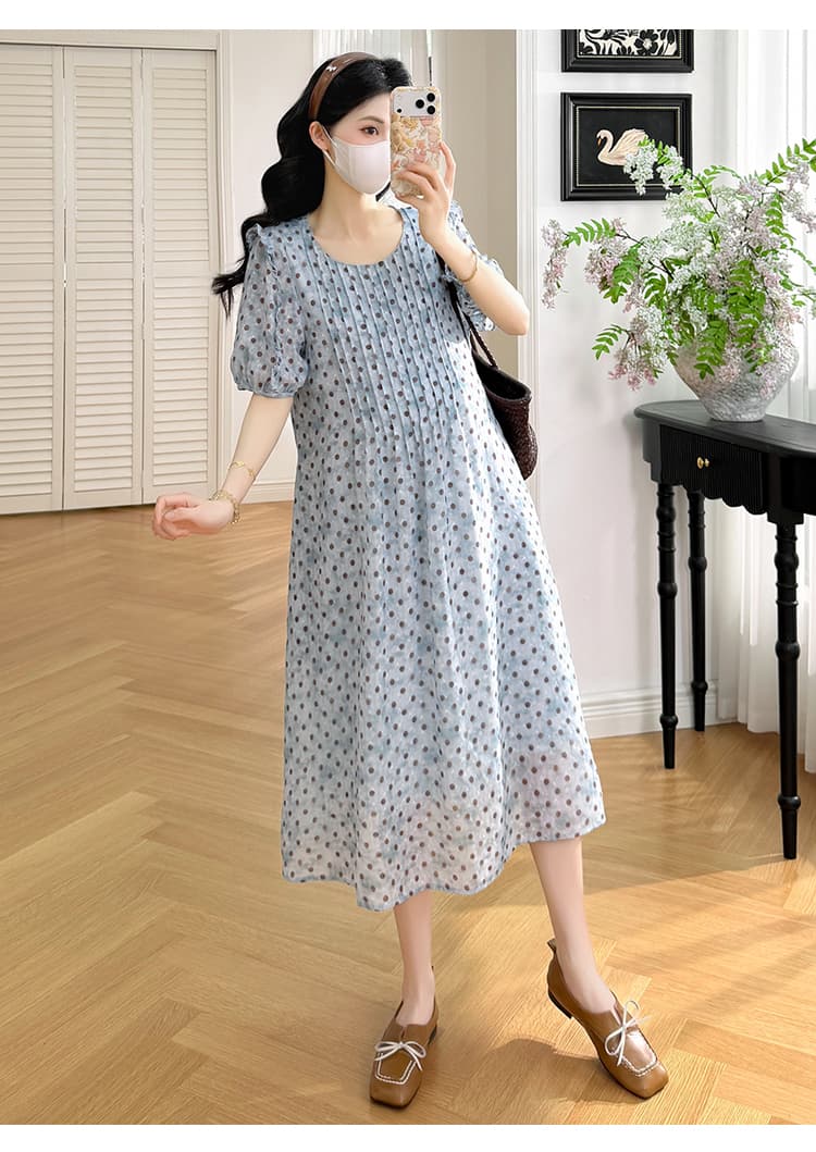 실사 지금 지금 2026 새로운 임산부 여름 드레스 임산부 도트 무늬 장기 Pleat 슬림해 보이는 프릴 드레스 상세 이미지 11