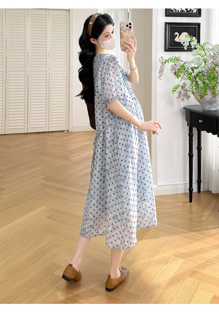 실사 지금 지금 2026 새로운 임산부 여름 드레스 임산부 도트 무늬 장기 Pleat 슬림해 보이는 프릴 드레스 상세 이미지 17