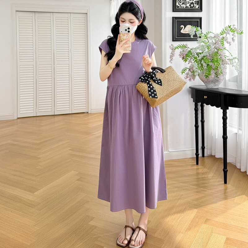 실사 지금 지금 2026 임산부 여름 라운드 넥 핀치 Pleat 루즈핏 표지 고기 슬림해 보이는 하이웨이스트 디자인 단색 드레스 이미지 3