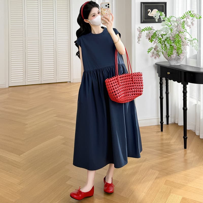 실사 지금 지금 2026 임산부 여름 라운드 넥 핀치 Pleat 루즈핏 표지 고기 슬림해 보이는 하이웨이스트 디자인 단색 드레스 이미지 4