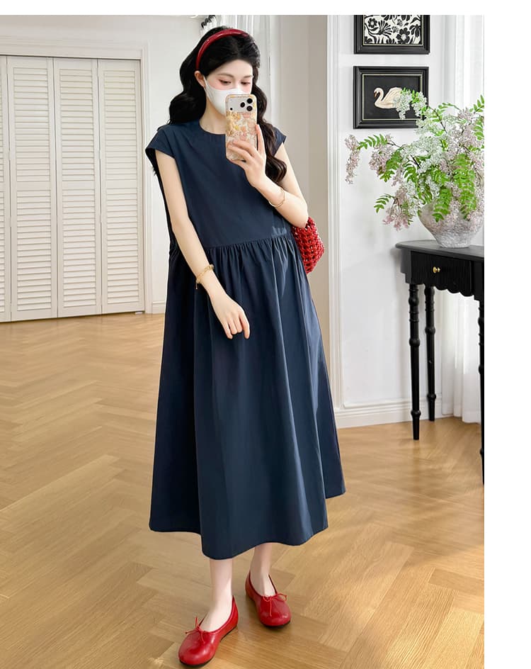 실사 지금 지금 2026 임산부 여름 라운드 넥 핀치 Pleat 루즈핏 표지 고기 슬림해 보이는 하이웨이스트 디자인 단색 드레스 상세 이미지 10