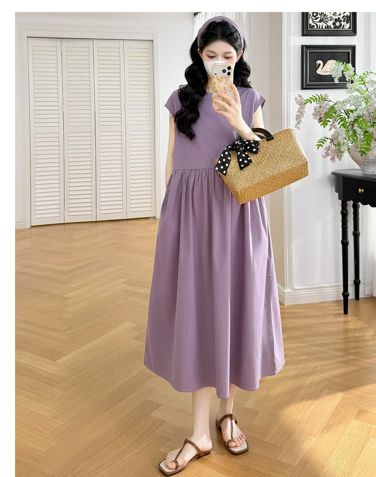 실사 지금 지금 2026 임산부 여름 라운드 넥 핀치 Pleat 루즈핏 표지 고기 슬림해 보이는 하이웨이스트 디자인 단색 드레스 상세 이미지 21