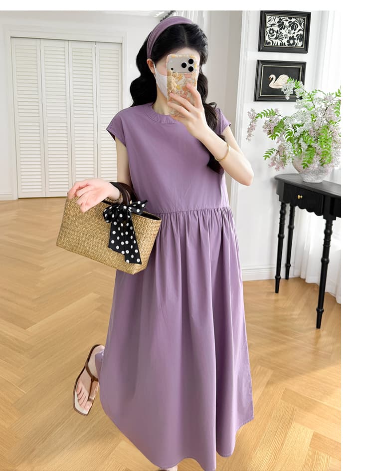 실사 지금 지금 2026 임산부 여름 라운드 넥 핀치 Pleat 루즈핏 표지 고기 슬림해 보이는 하이웨이스트 디자인 단색 드레스 상세 이미지 27
