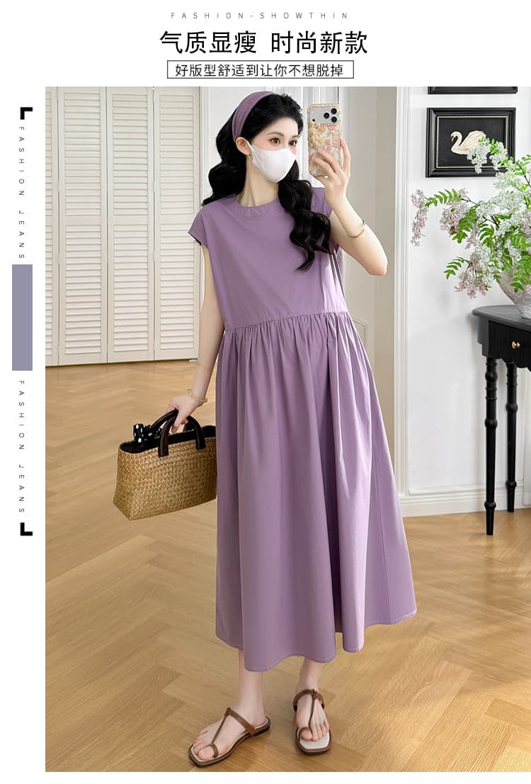실사 지금 지금 2026 임산부 여름 라운드 넥 핀치 Pleat 루즈핏 표지 고기 슬림해 보이는 하이웨이스트 디자인 단색 드레스 상세 이미지 5