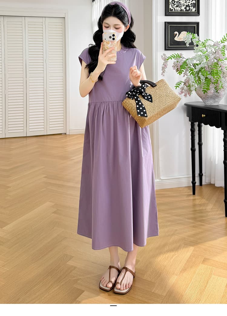 실사 지금 지금 2026 임산부 여름 라운드 넥 핀치 Pleat 루즈핏 표지 고기 슬림해 보이는 하이웨이스트 디자인 단색 드레스 상세 이미지 10