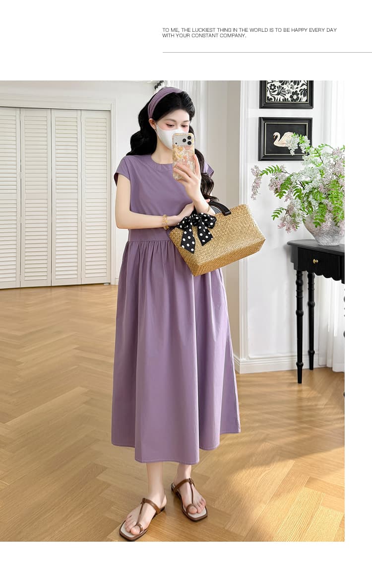 실사 지금 지금 2026 임산부 여름 라운드 넥 핀치 Pleat 루즈핏 표지 고기 슬림해 보이는 하이웨이스트 디자인 단색 드레스 상세 이미지 13