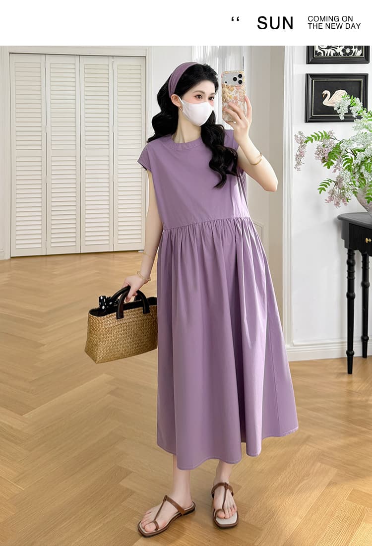 실사 지금 지금 2026 임산부 여름 라운드 넥 핀치 Pleat 루즈핏 표지 고기 슬림해 보이는 하이웨이스트 디자인 단색 드레스 상세 이미지 17
