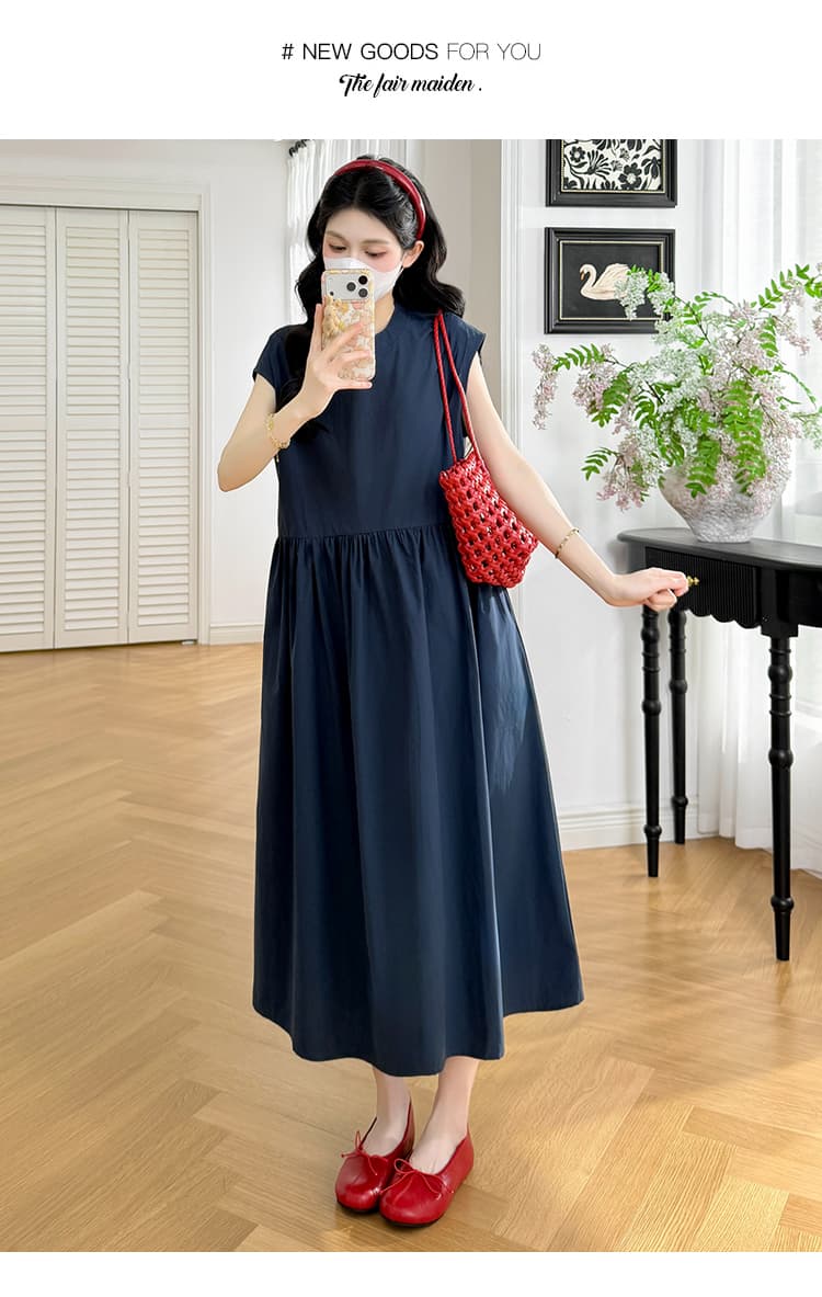 실사 지금 지금 2026 임산부 여름 라운드 넥 핀치 Pleat 루즈핏 표지 고기 슬림해 보이는 하이웨이스트 디자인 단색 드레스 상세 이미지 22