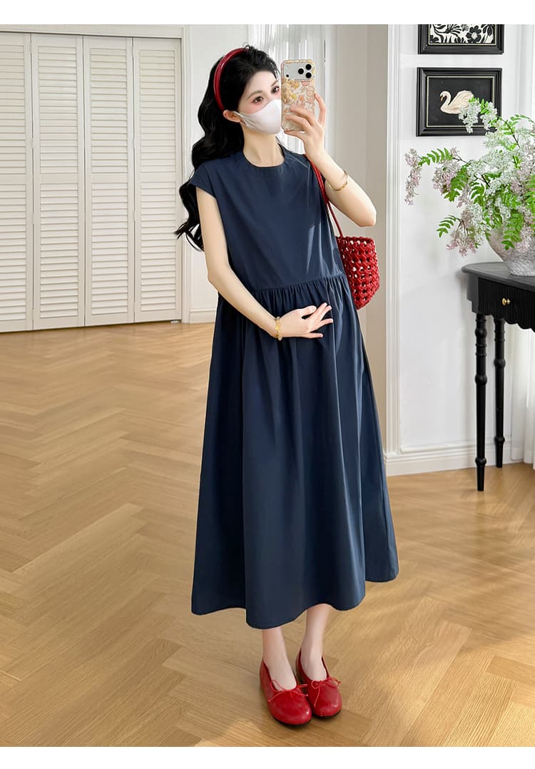 실사 지금 지금 2026 임산부 여름 라운드 넥 핀치 Pleat 루즈핏 표지 고기 슬림해 보이는 하이웨이스트 디자인 단색 드레스 상세 이미지 25