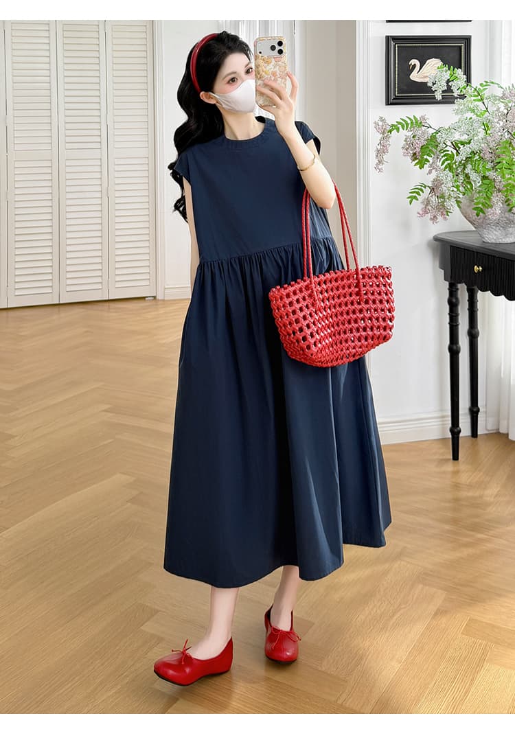 실사 지금 지금 2026 임산부 여름 라운드 넥 핀치 Pleat 루즈핏 표지 고기 슬림해 보이는 하이웨이스트 디자인 단색 드레스 상세 이미지 29