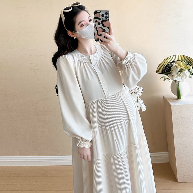 지금 지금 실사 2026 가을 새로운 임산부 드레스 루즈핏 슬림해 보이는 플리츠 라운드 넥 미니멀리즘 문예 출산 착용 이미지 4