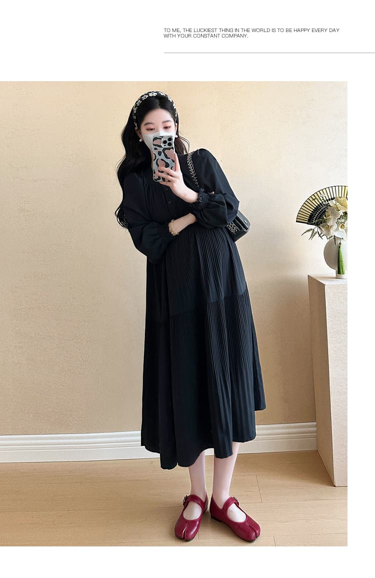 지금 지금 실사 2026 가을 새로운 임산부 드레스 루즈핏 슬림해 보이는 플리츠 라운드 넥 미니멀리즘 문예 출산 착용 상세 이미지 23