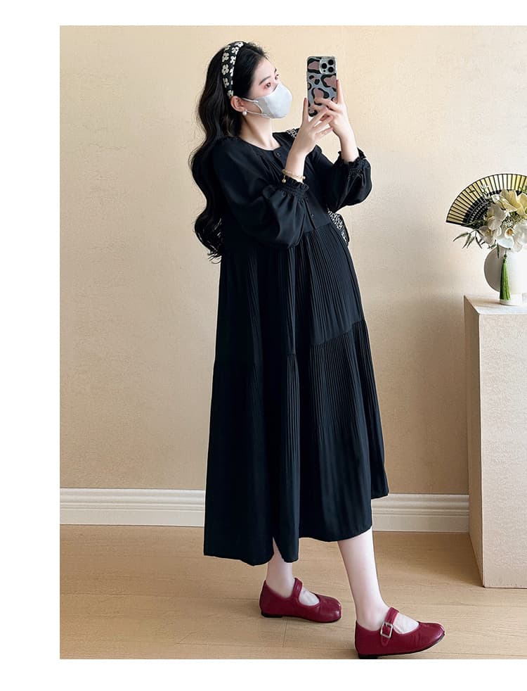 지금 지금 실사 2026 가을 새로운 임산부 드레스 루즈핏 슬림해 보이는 플리츠 라운드 넥 미니멀리즘 문예 출산 착용 상세 이미지 34