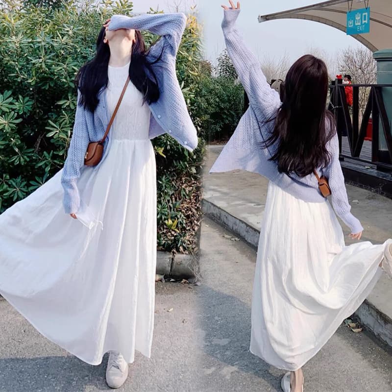 지금 지금 임산부 이른 가을 새로운 한 부서 프랑스식 차 휴식 화이트 품격 롱 스커트 보라색 홀로우 아웃 오픈 가디건 투피스 세트 이미지 4