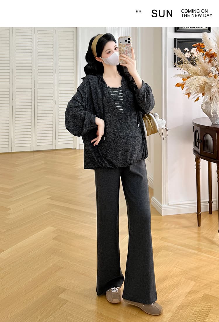 지금 지금 실사 2026 새로운 임산부 아메리칸 레트로 스트라이프 후드 풀오버 스웨트셔츠 플러스 수 있습니다. 조정 와이드 레그 팬츠 상세 이미지 26
