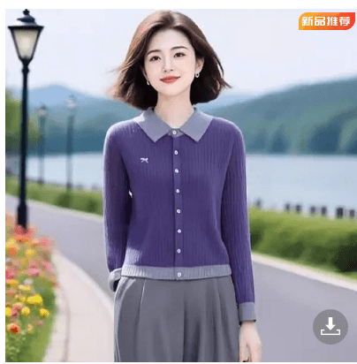 고급 센스 한국 스타일 고귀한 보라색 배색 폴로 칼라 니트 오픈 가디건 이미지 3
