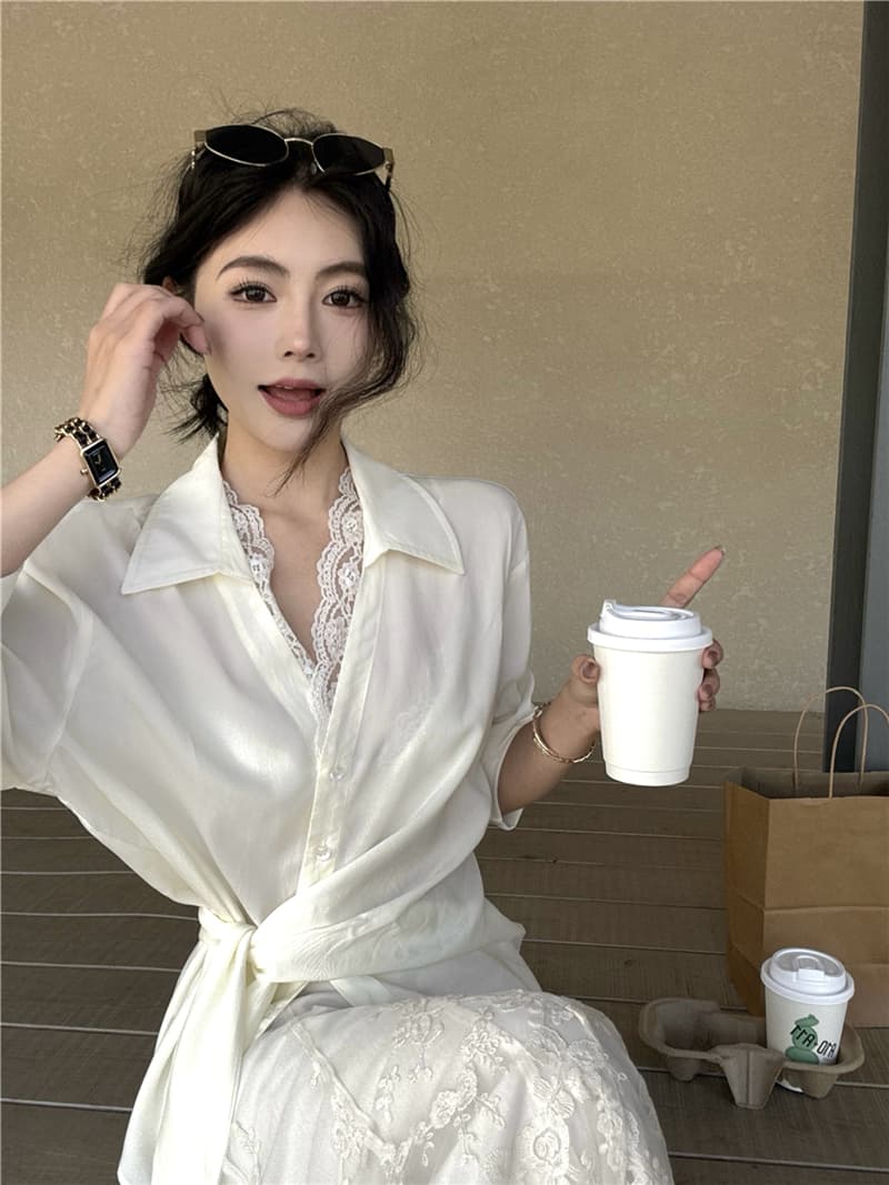 실사 루즈핏 긴팔 자외선 차단 셔츠 무거운 작업 자수 반신 스커트 롱 스커트 여성 투피스 세트 상세 이미지 3