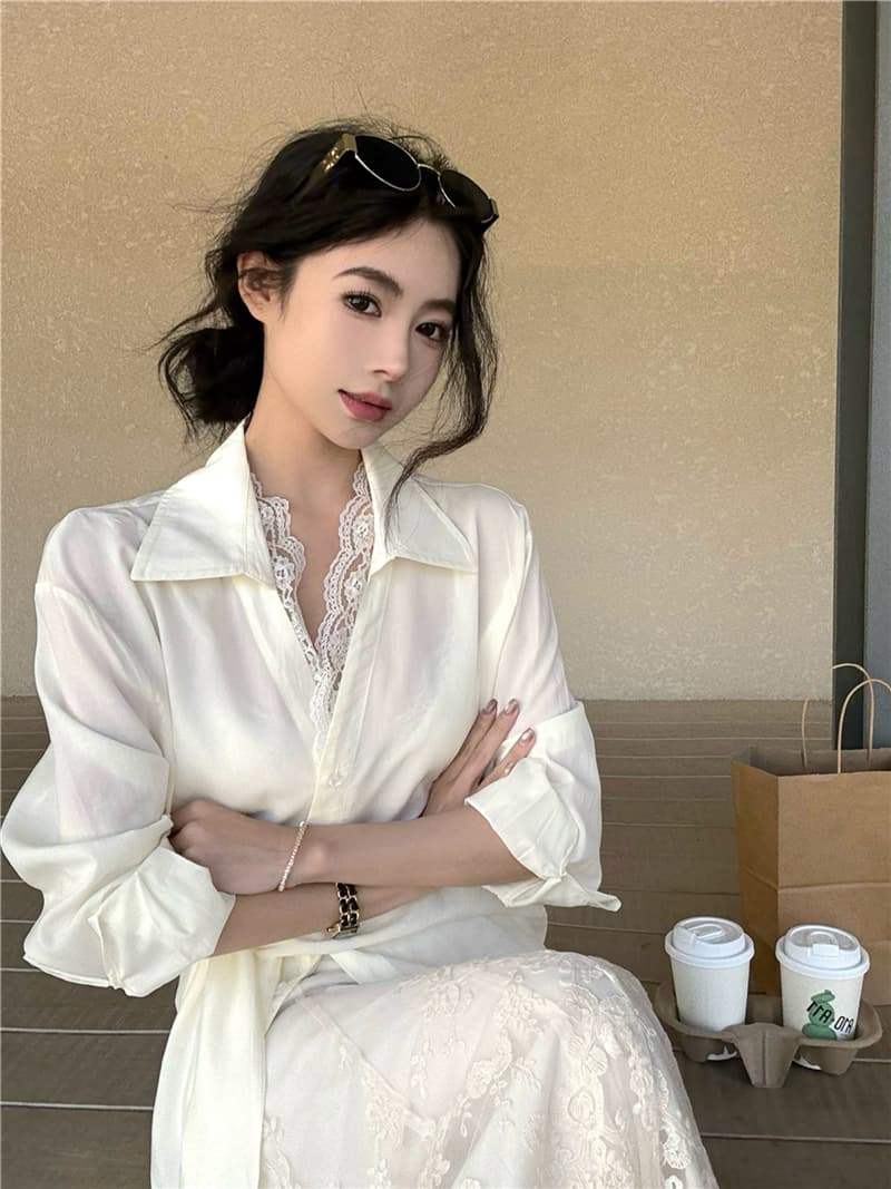 실사 루즈핏 긴팔 자외선 차단 셔츠 무거운 작업 자수 반신 스커트 롱 스커트 여성 투피스 세트 상세 이미지 7