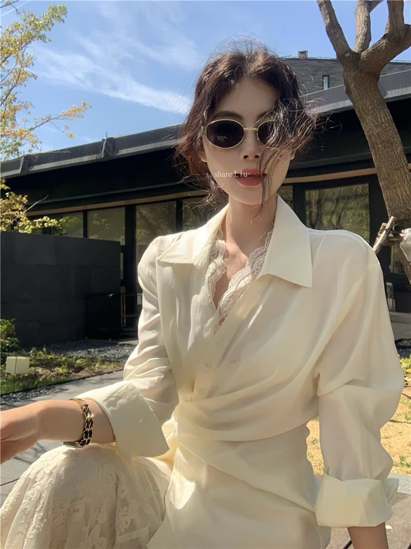 실사 루즈핏 긴팔 자외선 차단 셔츠 무거운 작업 자수 반신 스커트 롱 스커트 여성 투피스 세트 상세 이미지 8