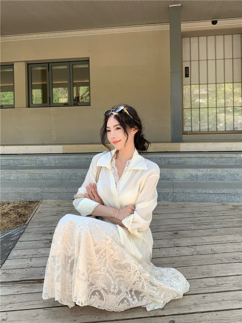 실사 루즈핏 긴팔 자외선 차단 셔츠 무거운 작업 자수 반신 스커트 롱 스커트 여성 투피스 세트 상세 이미지 9