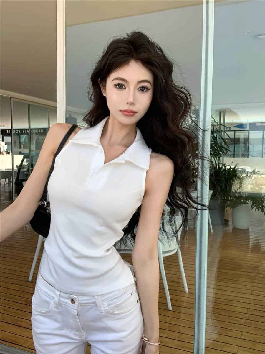 실사 섹시함 여름 일본과 한국 여성 학원 스타일 발굴하다 어깨 POLO 칼라 조끼 맨위 티셔츠 여성