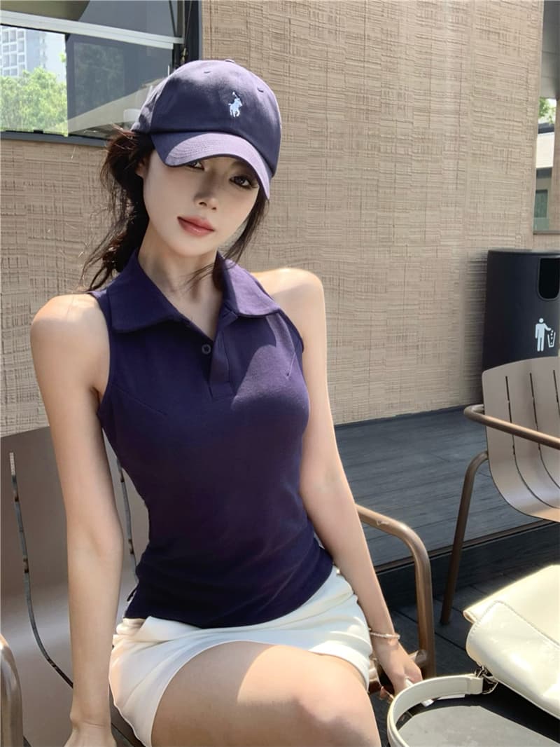 실사 섹시함 여름 일본과 한국 여성 학원 스타일 발굴하다 어깨 POLO 칼라 조끼 맨위 티셔츠 여성 상세 이미지 1