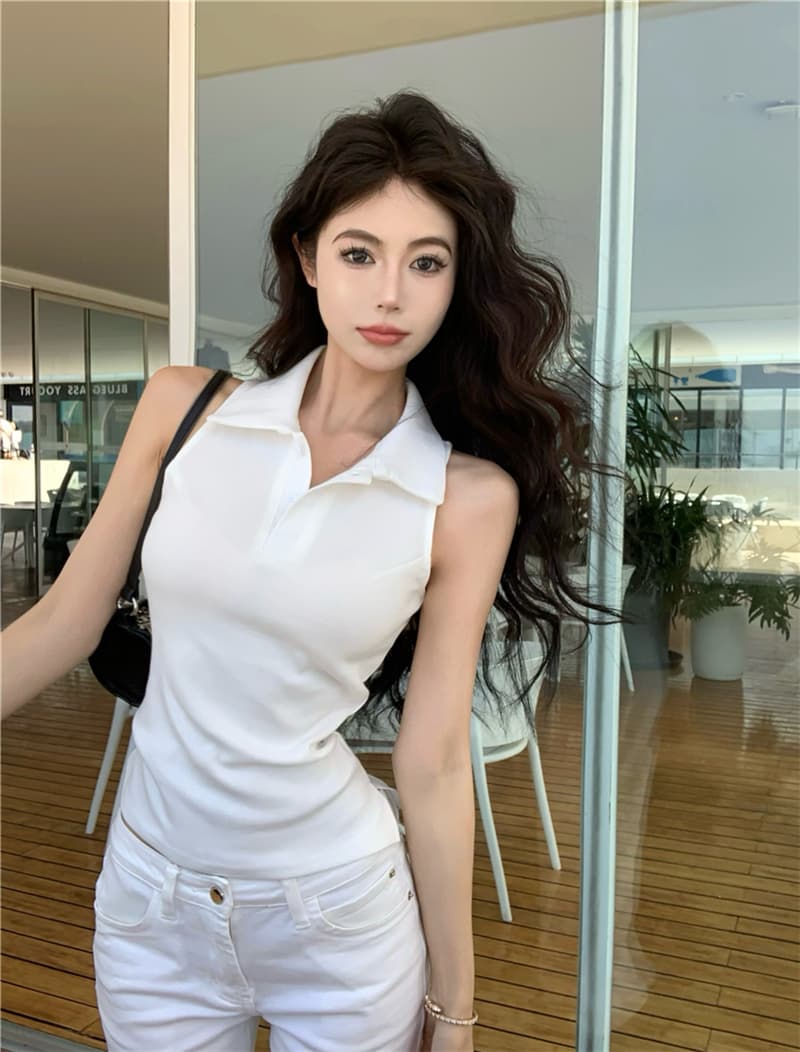 실사 섹시함 여름 일본과 한국 여성 학원 스타일 발굴하다 어깨 POLO 칼라 조끼 맨위 티셔츠 여성 상세 이미지 2