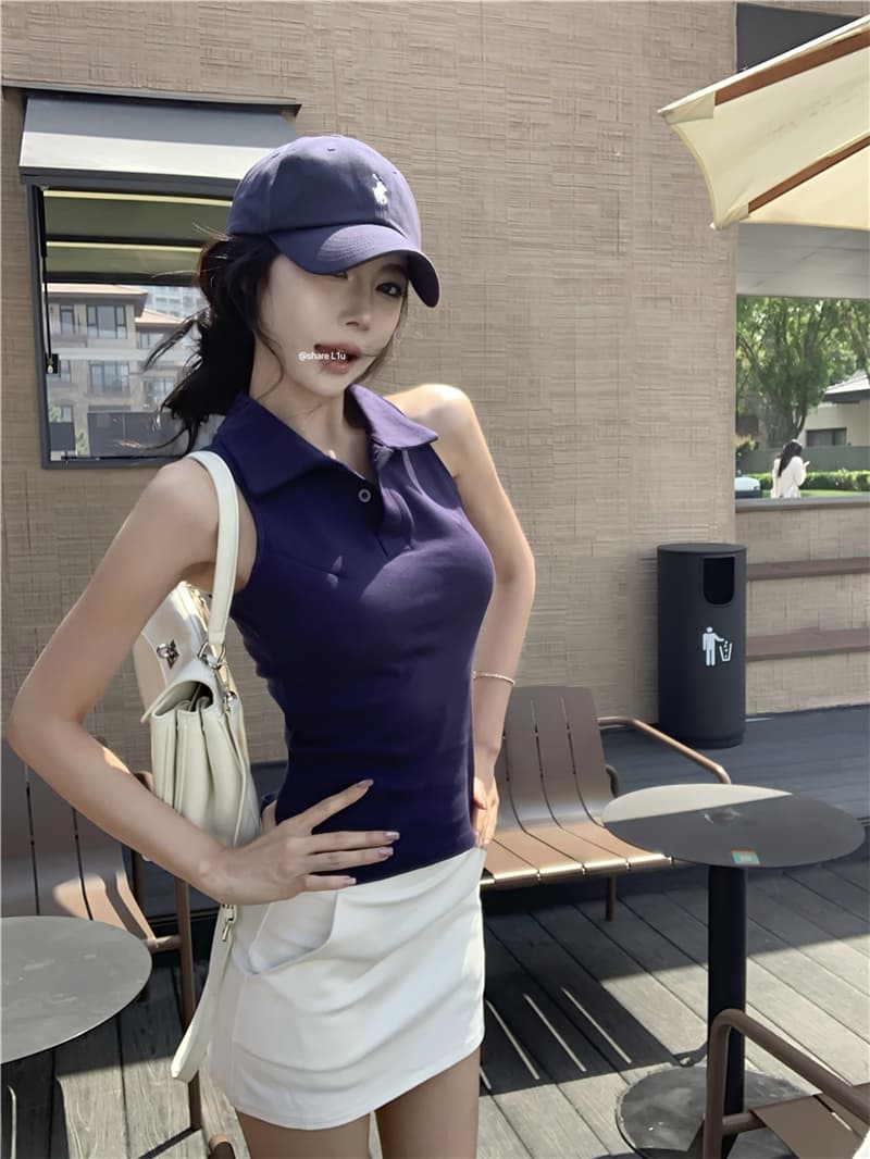 실사 섹시함 여름 일본과 한국 여성 학원 스타일 발굴하다 어깨 POLO 칼라 조끼 맨위 티셔츠 여성 상세 이미지 4