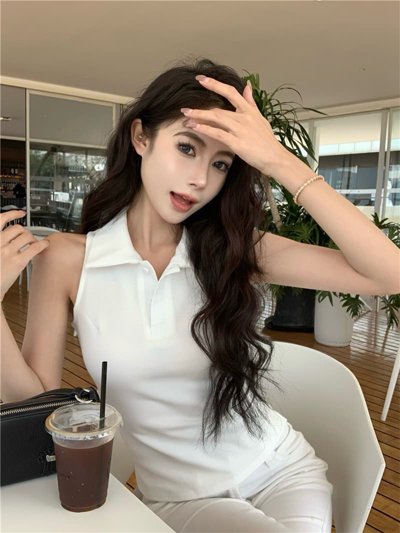 실사 섹시함 여름 일본과 한국 여성 학원 스타일 발굴하다 어깨 POLO 칼라 조끼 맨위 티셔츠 여성 상세 이미지 6