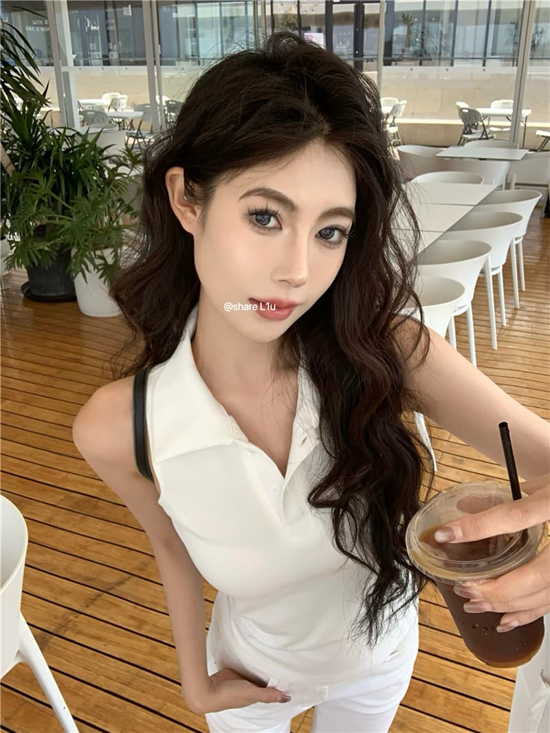 실사 섹시함 여름 일본과 한국 여성 학원 스타일 발굴하다 어깨 POLO 칼라 조끼 맨위 티셔츠 여성 상세 이미지 7