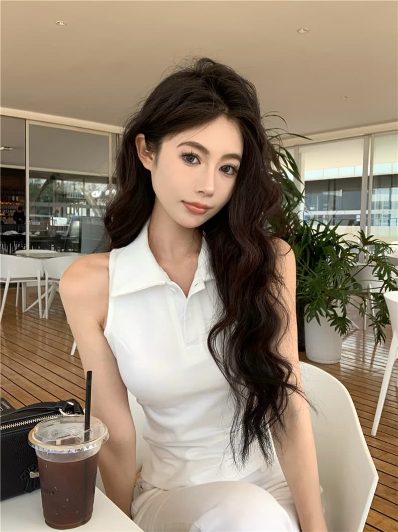실사 섹시함 여름 일본과 한국 여성 학원 스타일 발굴하다 어깨 POLO 칼라 조끼 맨위 티셔츠 여성 상세 이미지 9
