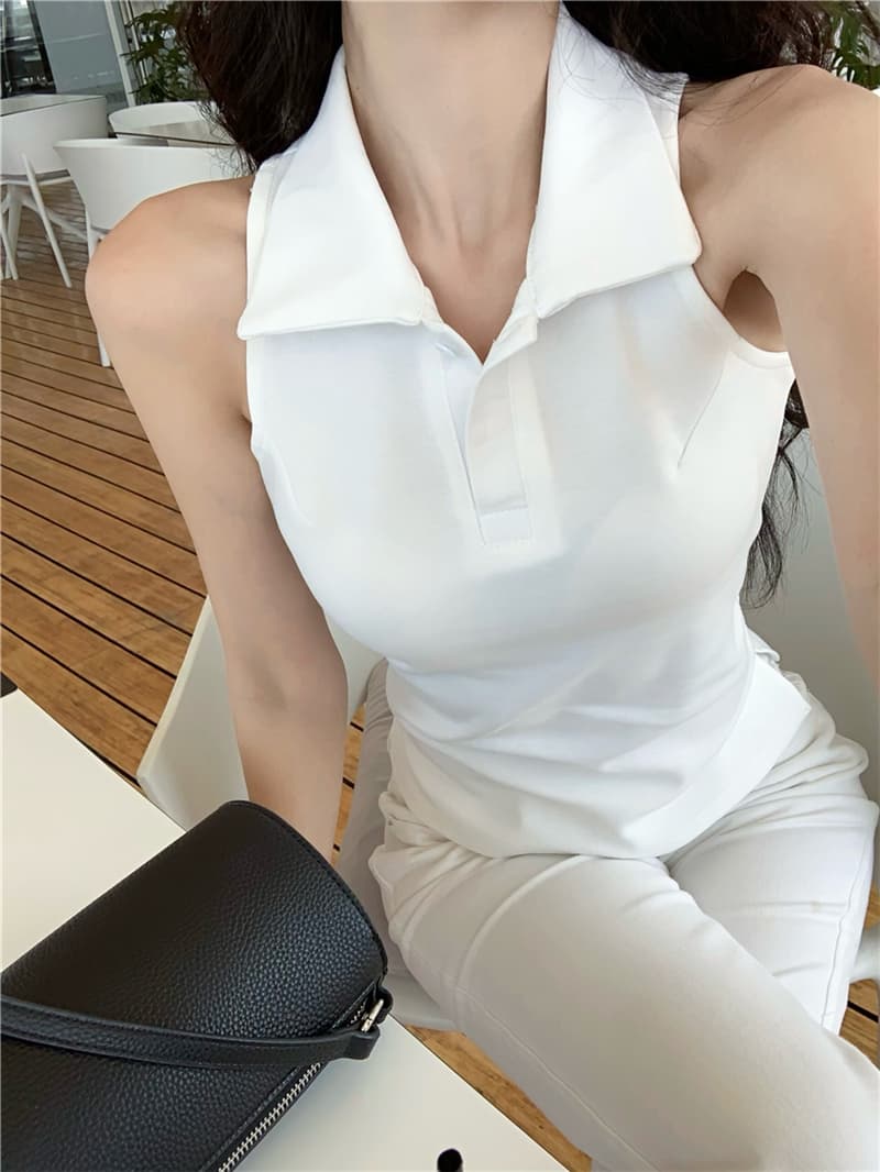 실사 섹시함 여름 일본과 한국 여성 학원 스타일 발굴하다 어깨 POLO 칼라 조끼 맨위 티셔츠 여성 상세 이미지 12