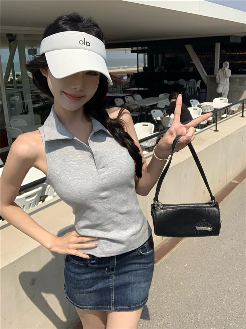 실사 섹시함 여름 일본과 한국 여성 학원 스타일 발굴하다 어깨 POLO 칼라 조끼 맨위 티셔츠 여성 상세 이미지 13