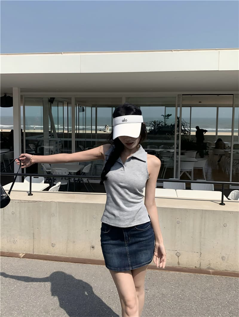실사 섹시함 여름 일본과 한국 여성 학원 스타일 발굴하다 어깨 POLO 칼라 조끼 맨위 티셔츠 여성 상세 이미지 14