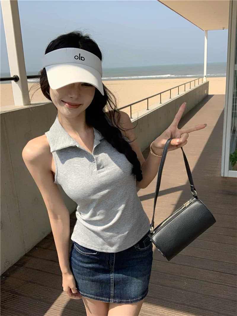 실사 섹시함 여름 일본과 한국 여성 학원 스타일 발굴하다 어깨 POLO 칼라 조끼 맨위 티셔츠 여성 상세 이미지 16