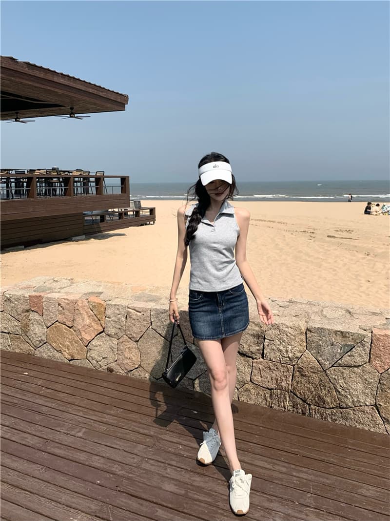 실사 섹시함 여름 일본과 한국 여성 학원 스타일 발굴하다 어깨 POLO 칼라 조끼 맨위 티셔츠 여성 상세 이미지 17