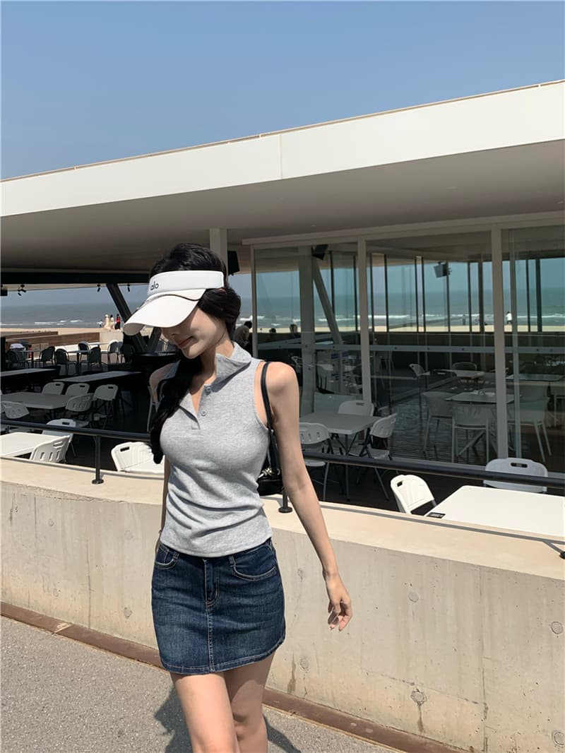 실사 섹시함 여름 일본과 한국 여성 학원 스타일 발굴하다 어깨 POLO 칼라 조끼 맨위 티셔츠 여성 상세 이미지 20