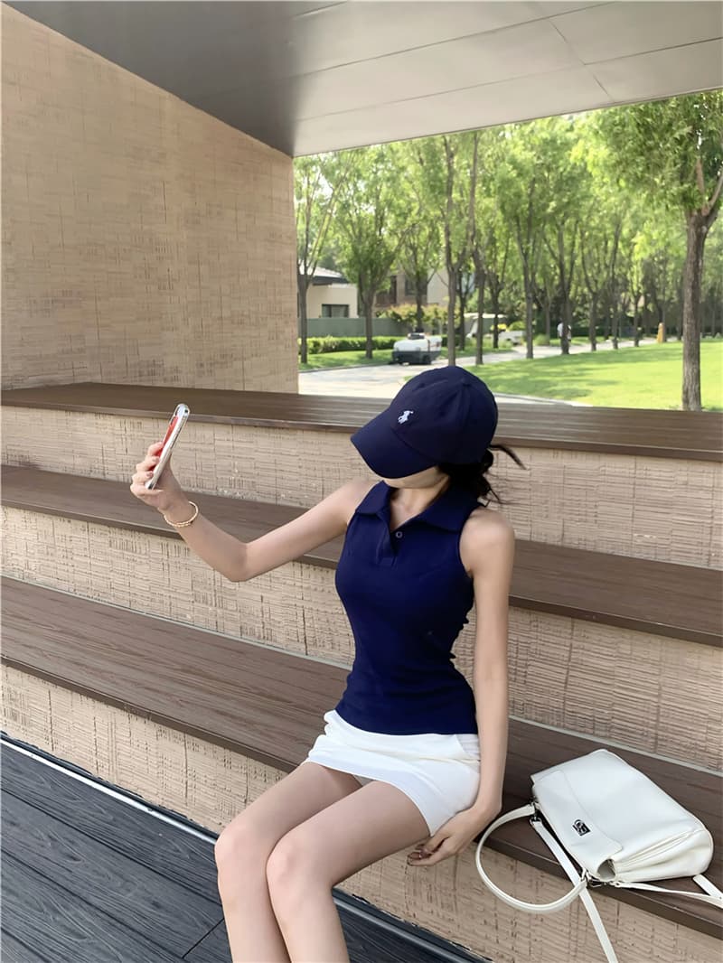 실사 섹시함 여름 일본과 한국 여성 학원 스타일 발굴하다 어깨 POLO 칼라 조끼 맨위 티셔츠 여성 상세 이미지 27