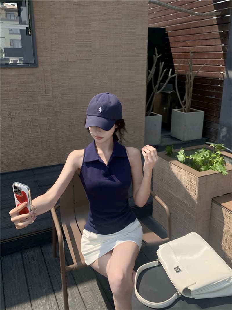 실사 섹시함 여름 일본과 한국 여성 학원 스타일 발굴하다 어깨 POLO 칼라 조끼 맨위 티셔츠 여성 상세 이미지 28