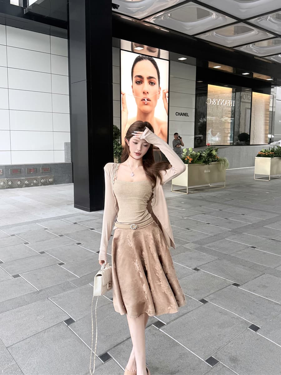 실사 섹시함 레트로 몸매 가꾸기 슬립 레이스 레이스 니트 자외선 차단 오픈 가디건 한 마디 반신 우산 치마 세트 여성 이미지 3