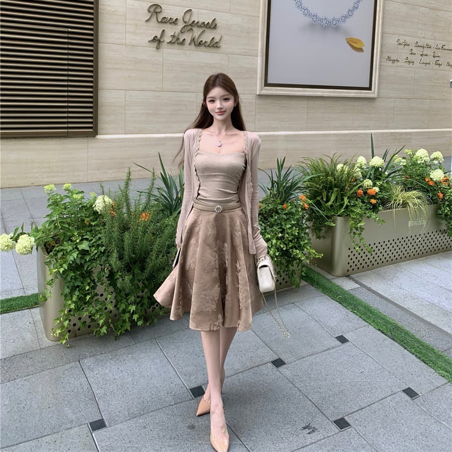실사 섹시함 레트로 몸매 가꾸기 슬립 레이스 레이스 니트 자외선 차단 오픈 가디건 한 마디 반신 우산 치마 세트 여성 이미지 5