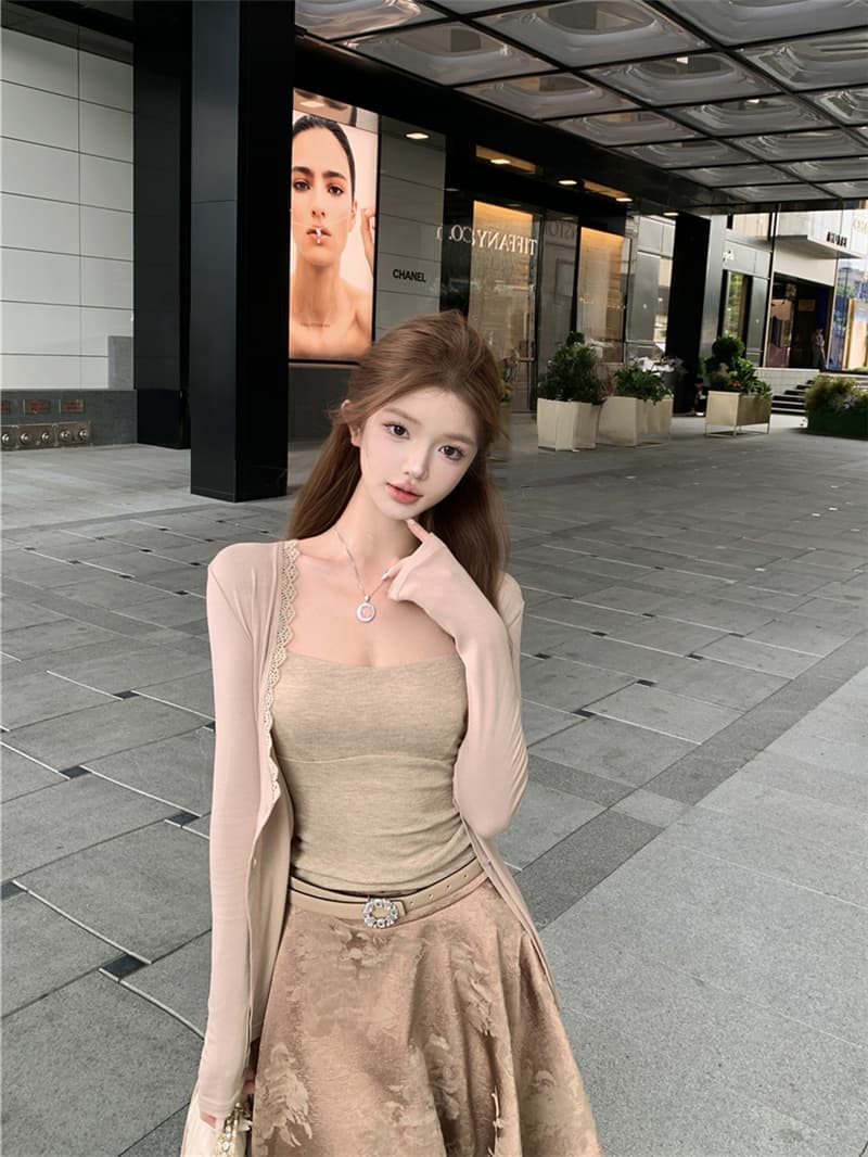 실사 섹시함 레트로 몸매 가꾸기 슬립 레이스 레이스 니트 자외선 차단 오픈 가디건 한 마디 반신 우산 치마 세트 여성 상세 이미지 1