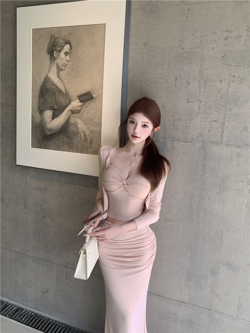 실사 섹시함 니트 비틀림 슬립 라운드 넥 긴팔 자외선 차단 오픈 가디건 타이트 스커트 인어 꼬리 스커트 반신 치마 세트 여성 상세 이미지 3