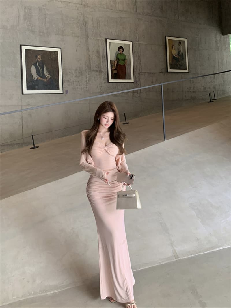 실사 섹시함 니트 비틀림 슬립 라운드 넥 긴팔 자외선 차단 오픈 가디건 타이트 스커트 인어 꼬리 스커트 반신 치마 세트 여성 상세 이미지 8