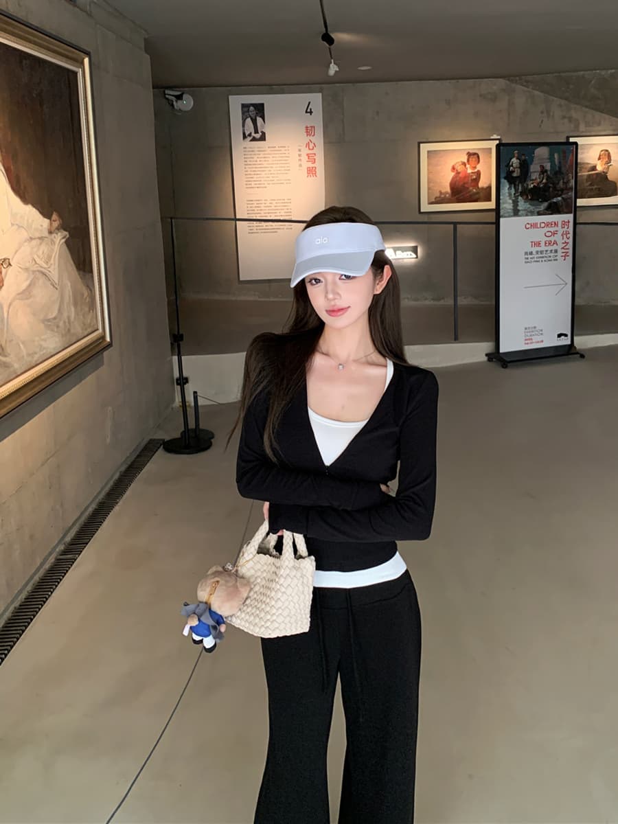 실사 이른 가을 섹시함 디자인 센스 지퍼 티셔츠 재킷 슬립 다용도 스트레이트 팬츠 긴 바지 여성복 이미지 3