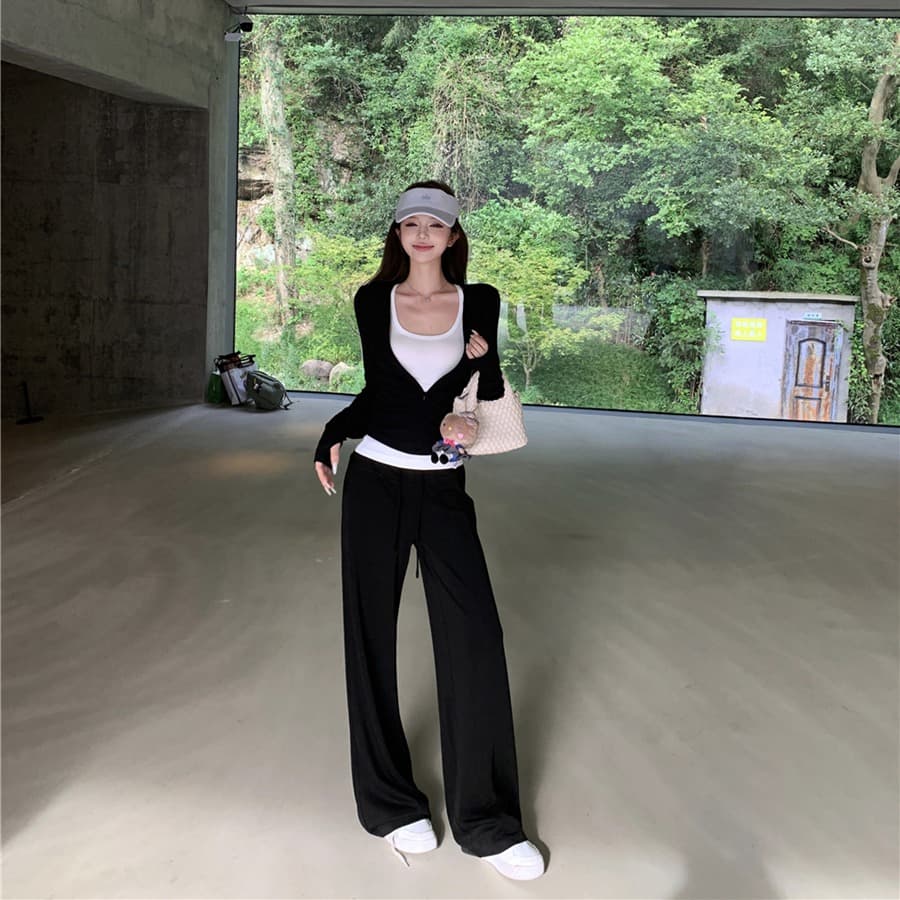 실사 이른 가을 섹시함 디자인 센스 지퍼 티셔츠 재킷 슬립 다용도 스트레이트 팬츠 긴 바지 여성복