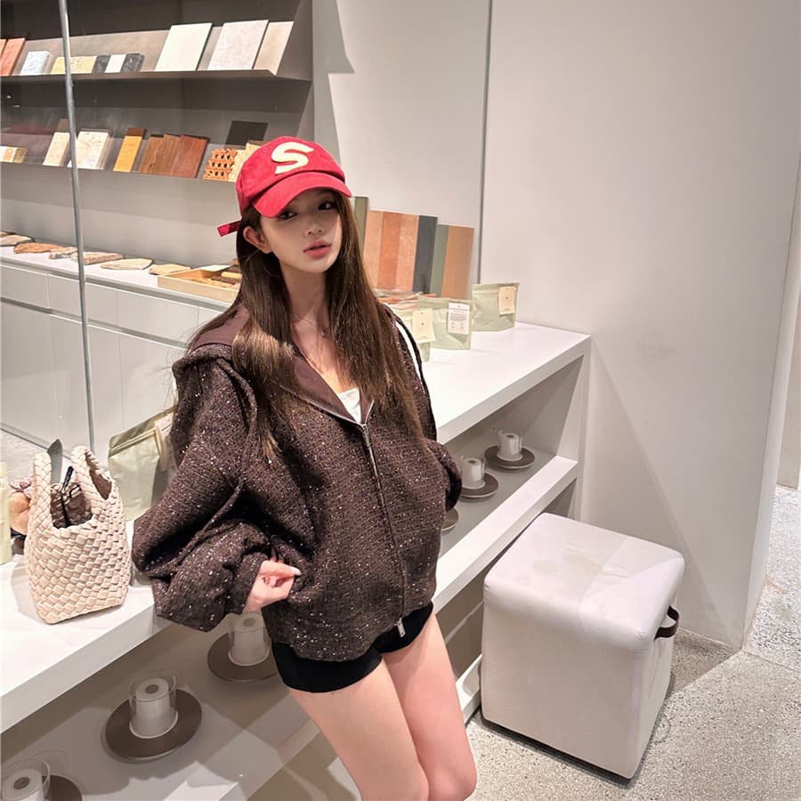 실사 가을 의상 후드 작은 샤넬 스타일 모직 루즈핏 레트로 여성 코트