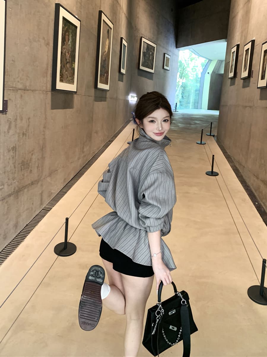 실사 스트라이프 허리 수축 펌프 로프 가을 여성 코트 이미지 2